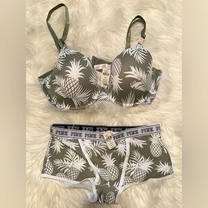 PINK Green and White Pineapple Print Bra and Panty Set